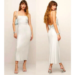 NWT! Reformation L Breslin Stretch Silver Metallic Knit Midi Dress Low Back